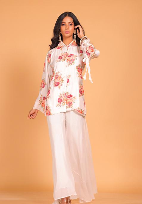 White Embroidered Pure Silk Palazzo Set