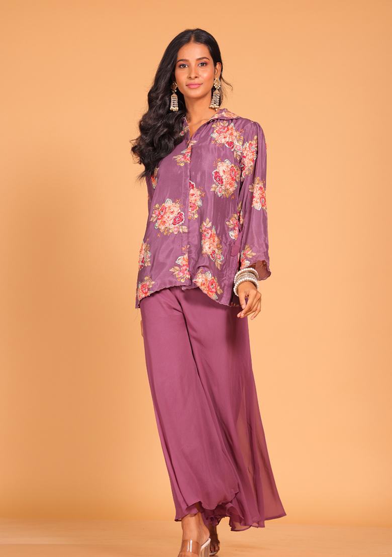 Purple Embroidered Pure Silk Palazzo Set