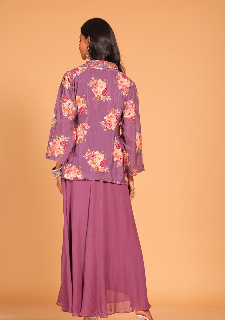 Purple Embroidered Pure Silk Palazzo Set