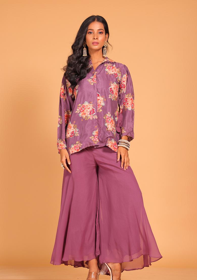 Purple Embroidered Pure Silk Palazzo Set