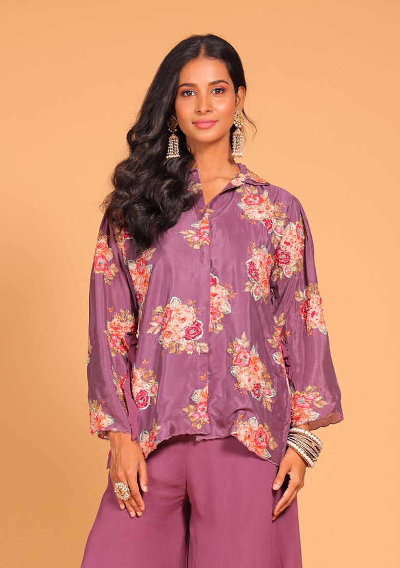 Purple Embroidered Pure Silk Palazzo Set