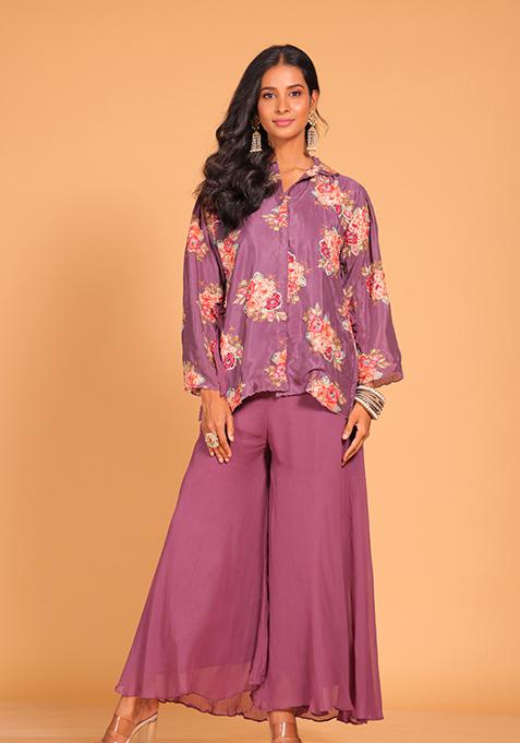 Purple Embroidered Pure Silk Palazzo Set