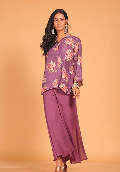 Purple Embroidered Pure Silk Palazzo Set