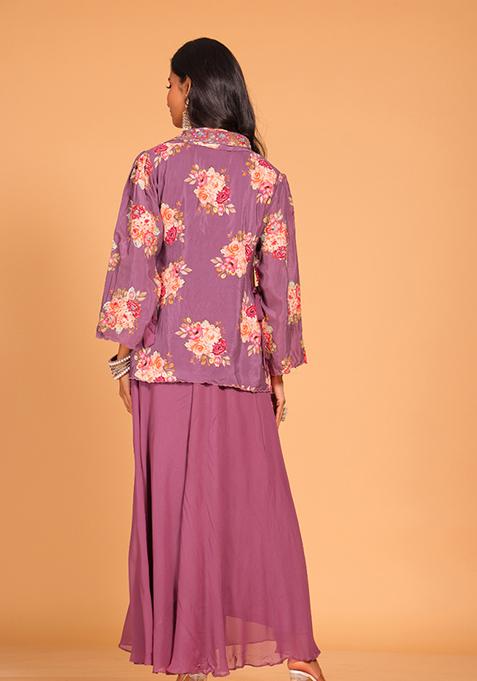 Purple Embroidered Pure Silk Palazzo Set