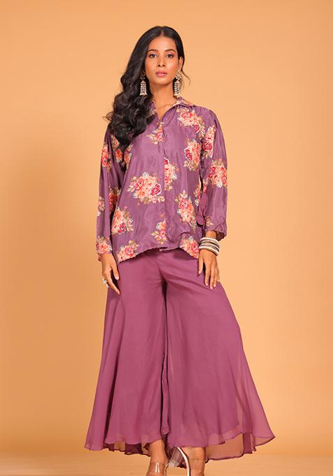 Purple Embroidered Pure Silk Palazzo Set