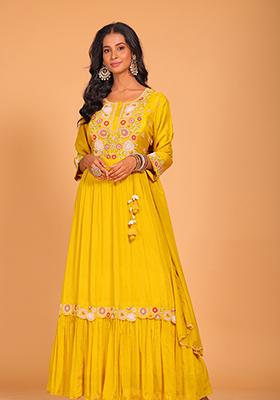 Yellow Embroidered Poly Chiffon Kurta Set