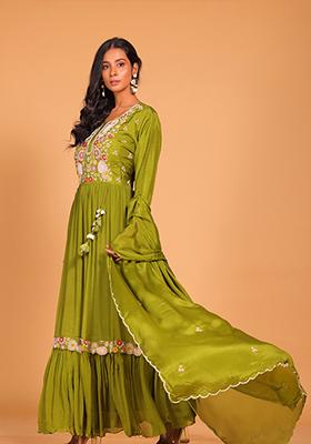 Green Embroidered Poly Chiffon Kurta Set