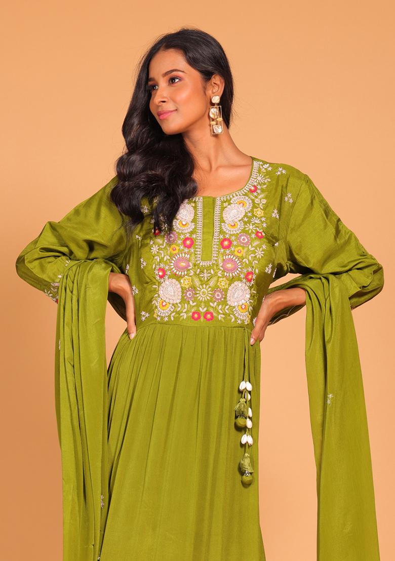 Green Embroidered Poly Chiffon Kurta Set - Indya