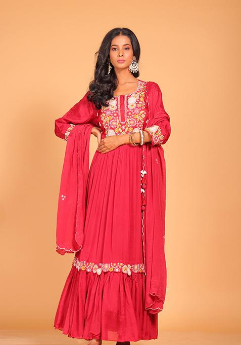 Red Embroidered Poly Chiffon Kurta Set