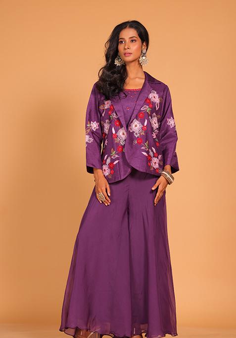 Purple Embroidered Organza Palazzo Set