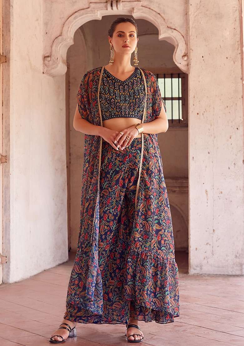 Dark Blue Thread Embroidered Georgette Jacket Set - Indya