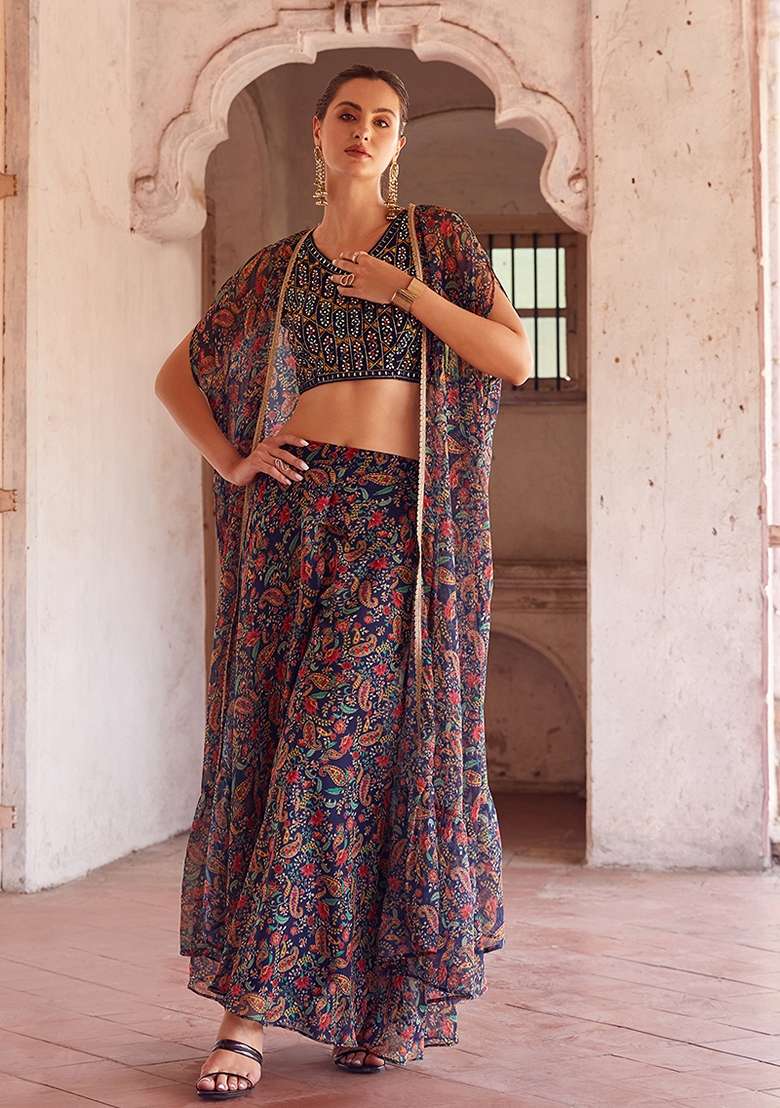 Dark Blue Thread Embroidered Georgette Jacket Set - Indya