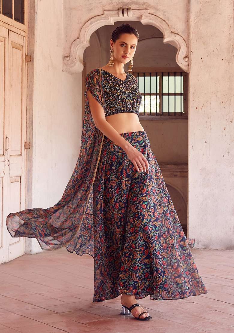 Dark Blue Thread Embroidered Georgette Jacket Set - Indya