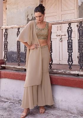 Chiku Brown Thread Embroidered Georgette Jacket Set