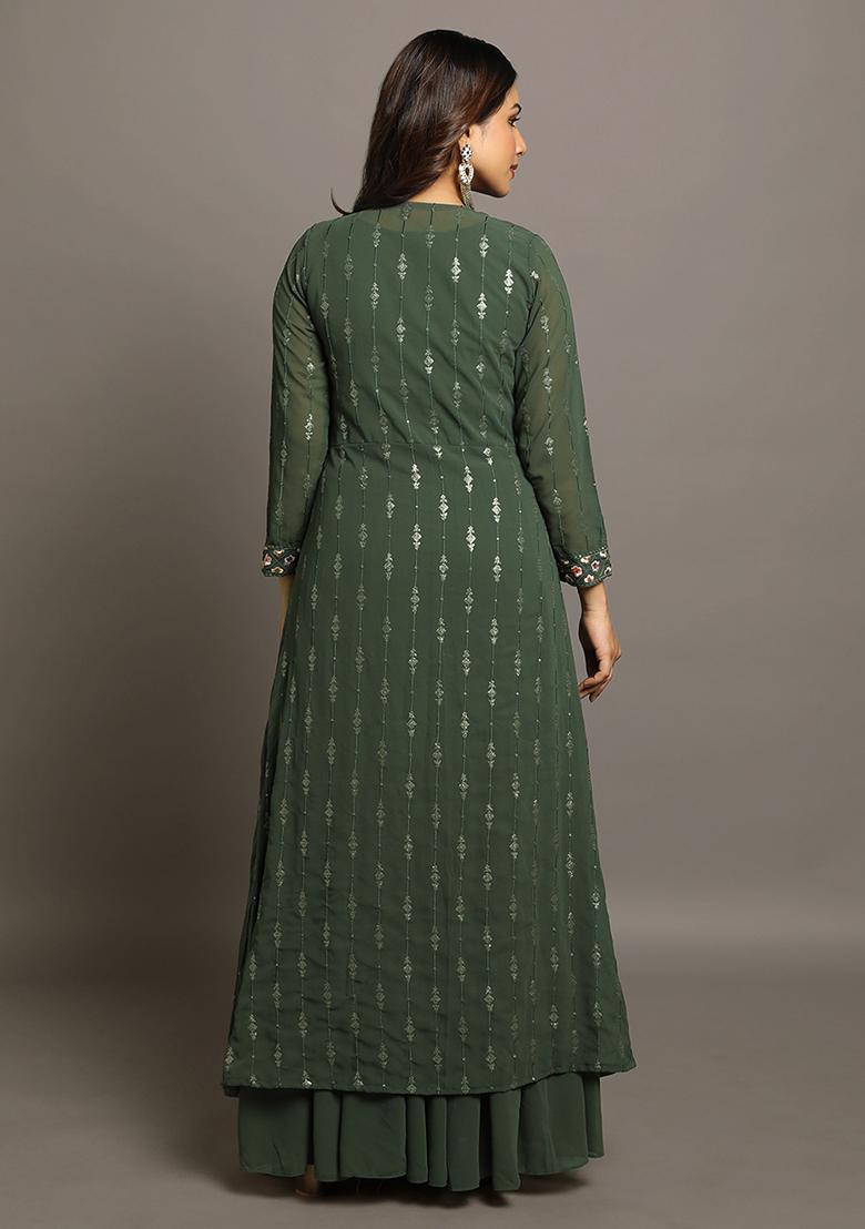 Green Sequin Zari Embroidered Georgette Jacket Set