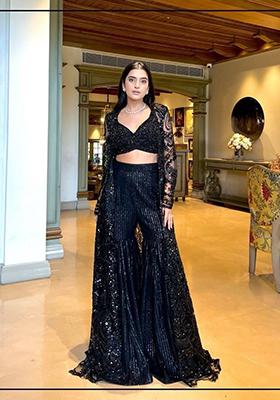 Black Embroidered Butterfly Net Palazzo Set