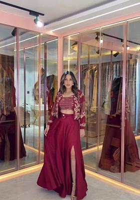 Maroon Embroidered Chinon Silk Lehenga Set