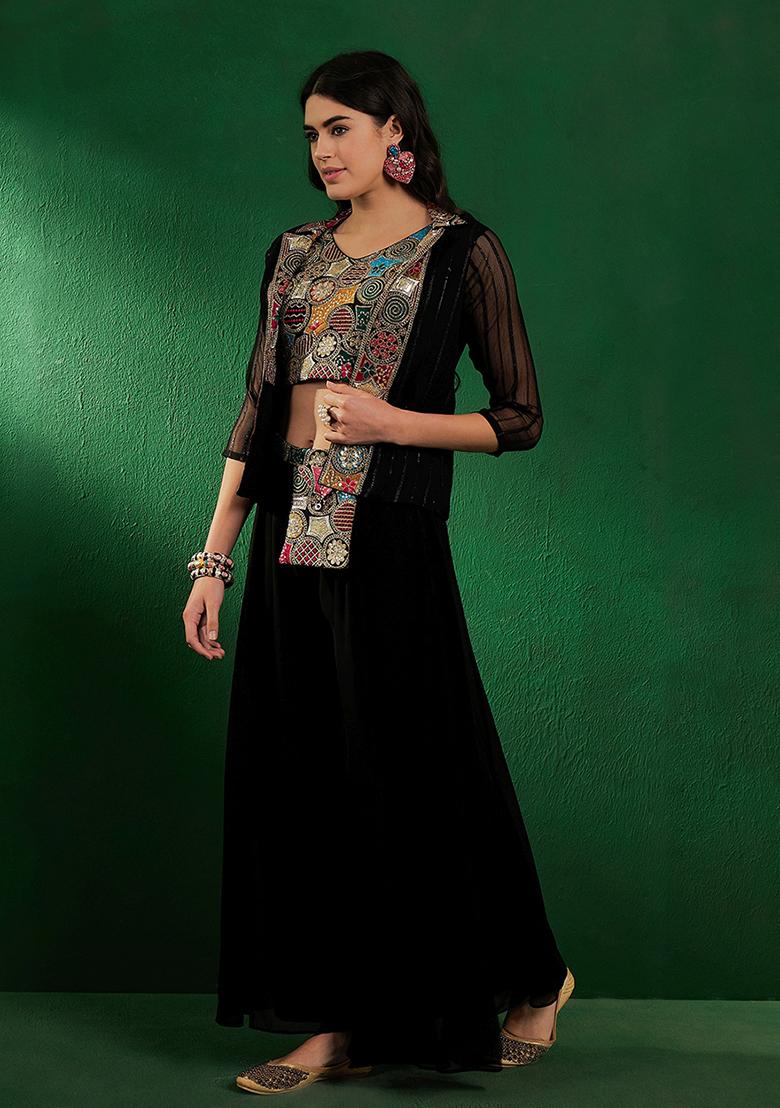 Black Embroidered Georgette Fusion Set
