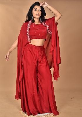 Maroon Hand Embroidery Chinnon Chiffon Palazzo Set
