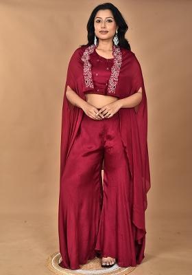 Magenta Hand Embroidery Chinnon Chiffon Palazzo Set
