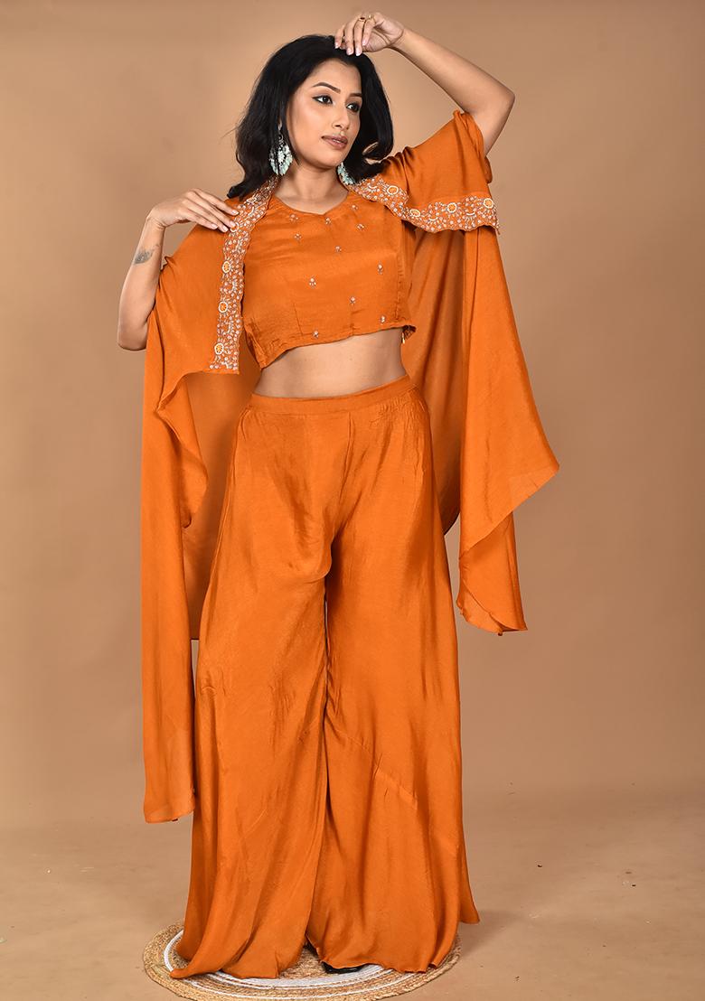 Mustard Hand Embroidery Chinnon Chiffon Palazzo Set - Indya