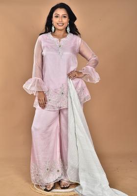Pink Hand Embroidery Art Organza Palazzo Set