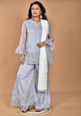 Grey Hand Embroidery Art Organza Palazzo Set