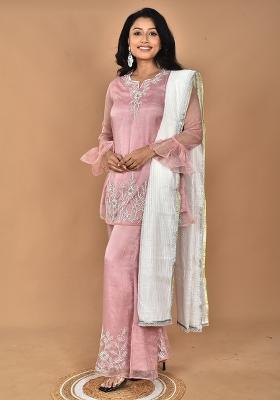 Peach Hand Embroidery Art Organza Palazzo Set