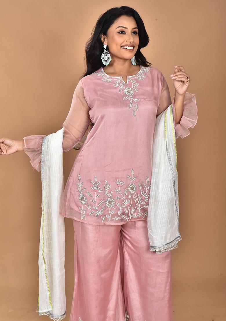 Peach Hand Embroidery Art Organza Palazzo Set - Indya