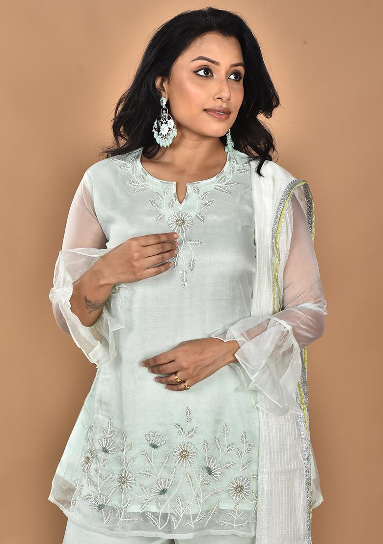 Green Hand Embroidery Art Organza Palazzo Set - Indya