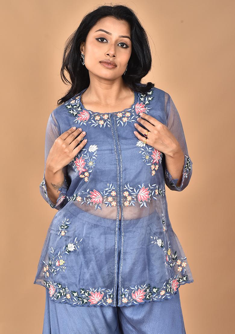 Grey Hand Embroidery Chinnon Art Organza Palazzo Set - Indya