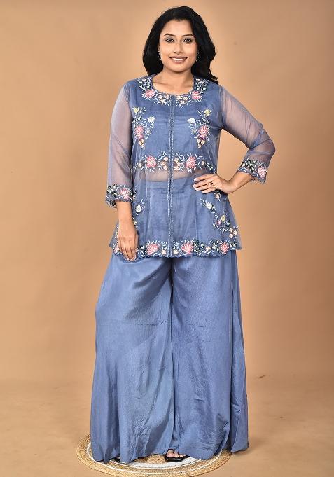 Grey Embroidered Chinon Sharara Set