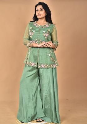 Green Hand Embroidery Chinnon Art Organza Palazzo Set