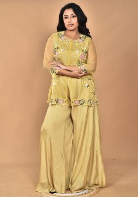 Mustard Hand Embroidery Chinnon Art Organza Palazzo Set