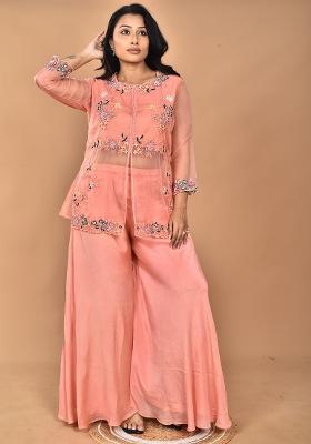 Peach Hand Embroidery Chinnon Art Organza Palazzo Set