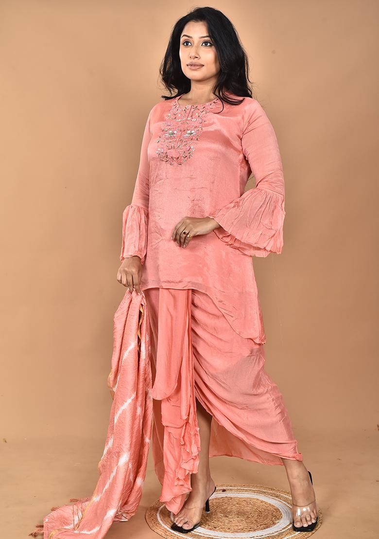 Peach Hand Embroidery Chinnon Dupatta Palazzo Set - Indya
