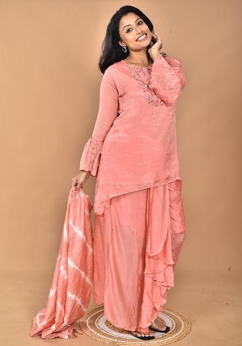 Peach Solid Chinon Sharara Set