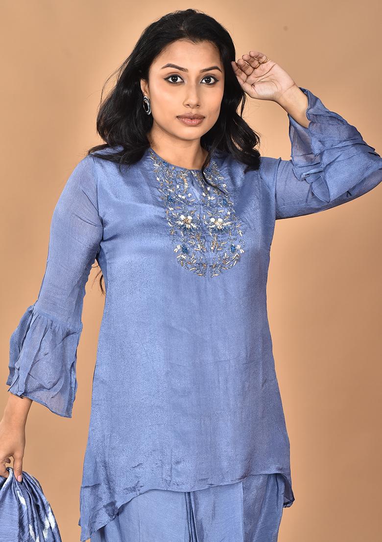 Grey Hand Embroidery Chinnon Palazzo Set - Indya