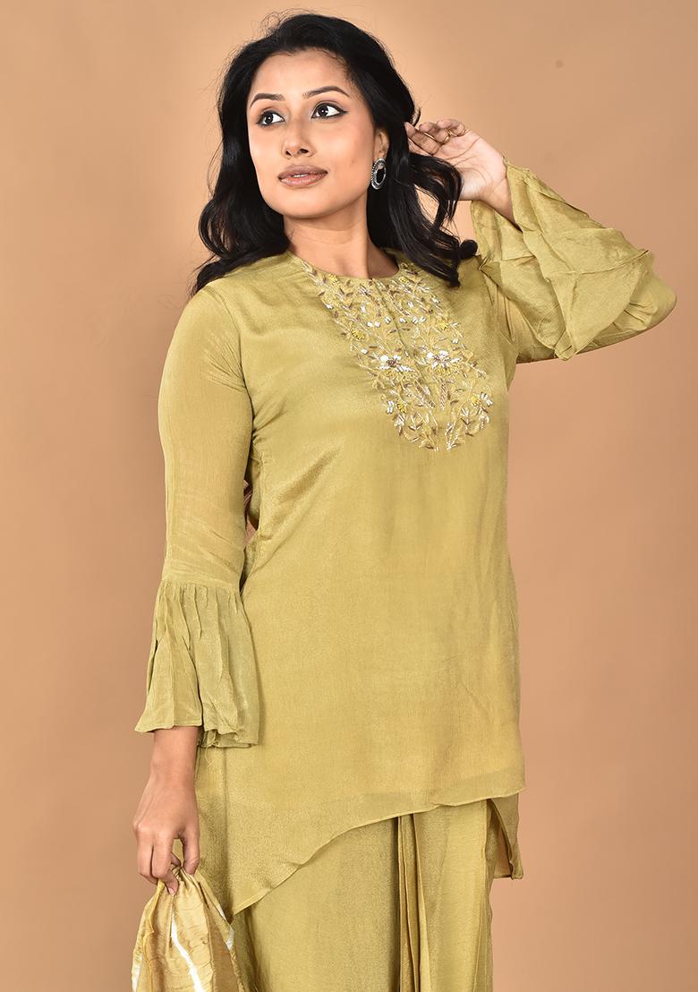 Green Hand Embroidery Chinnon Palazzo Set - Indya