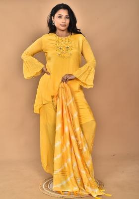 Yellow Hand Embroidery Chinnon Palazzo Set