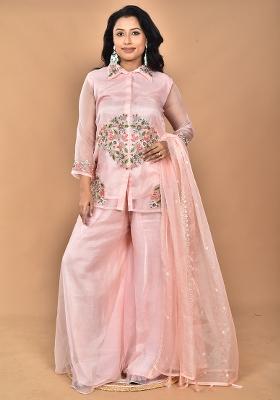 Peach Hand Embroidery Art Organza Palazzo Set