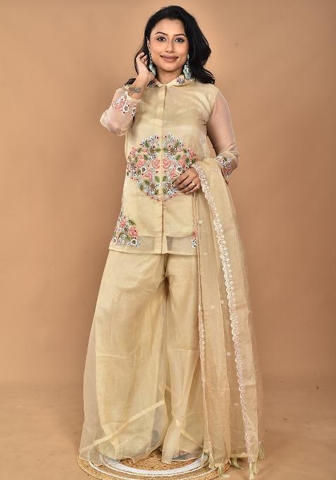 Beige Hand Embroidery Art Organza Palazzo Set