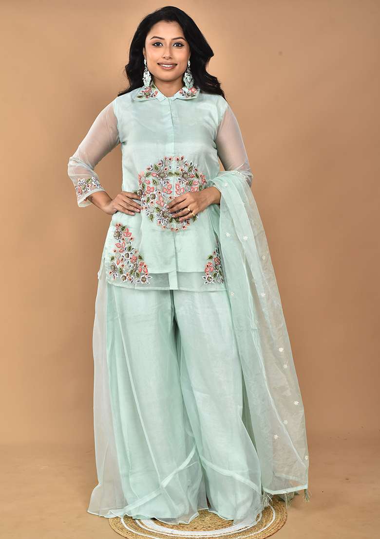 Green Embroidered Organza Sharara Set - Indya