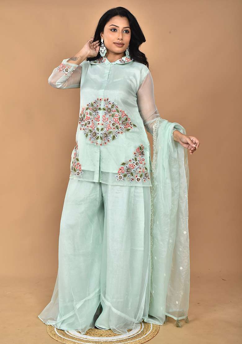 Green Embroidered Organza Sharara Set - Indya