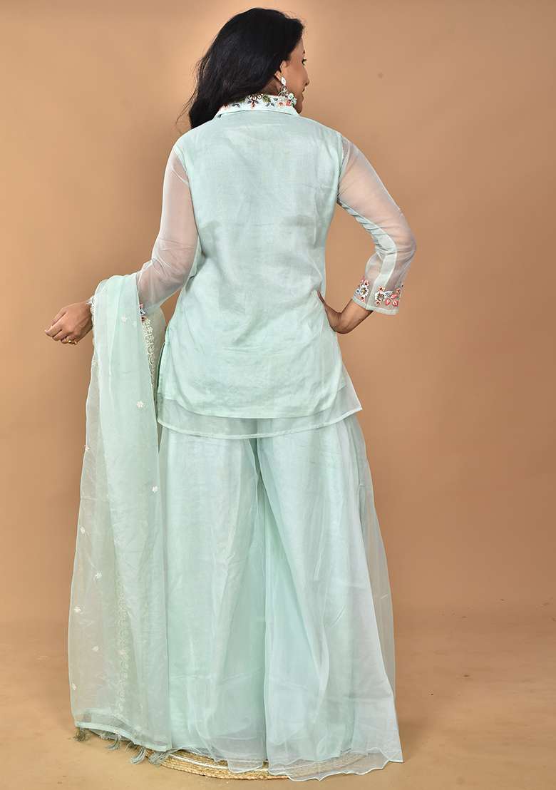 Green Embroidered Organza Sharara Set - Indya