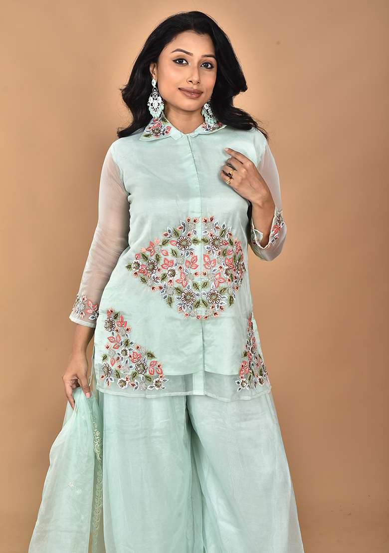 Green Embroidered Organza Sharara Set - Indya