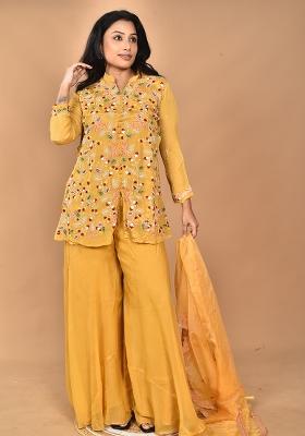 Yellow Hand Embroidery Art Organza Chinnon Palazzo Set