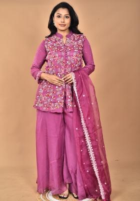 Purple Hand Embroidery Art Organza Chinnon Palazzo Set
