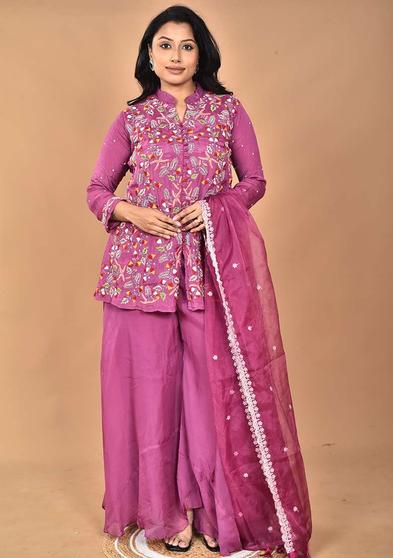 Purple Embroidered Organza Sharara Set - Indya