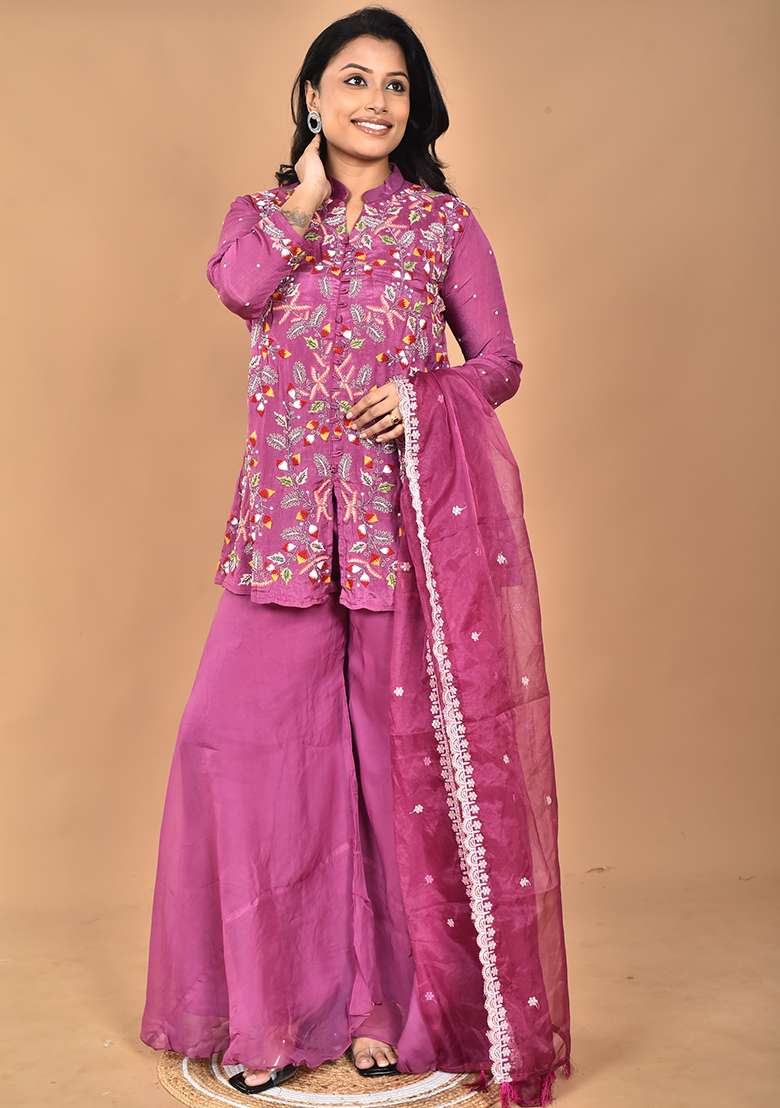 Purple Embroidered Organza Sharara Set - Indya